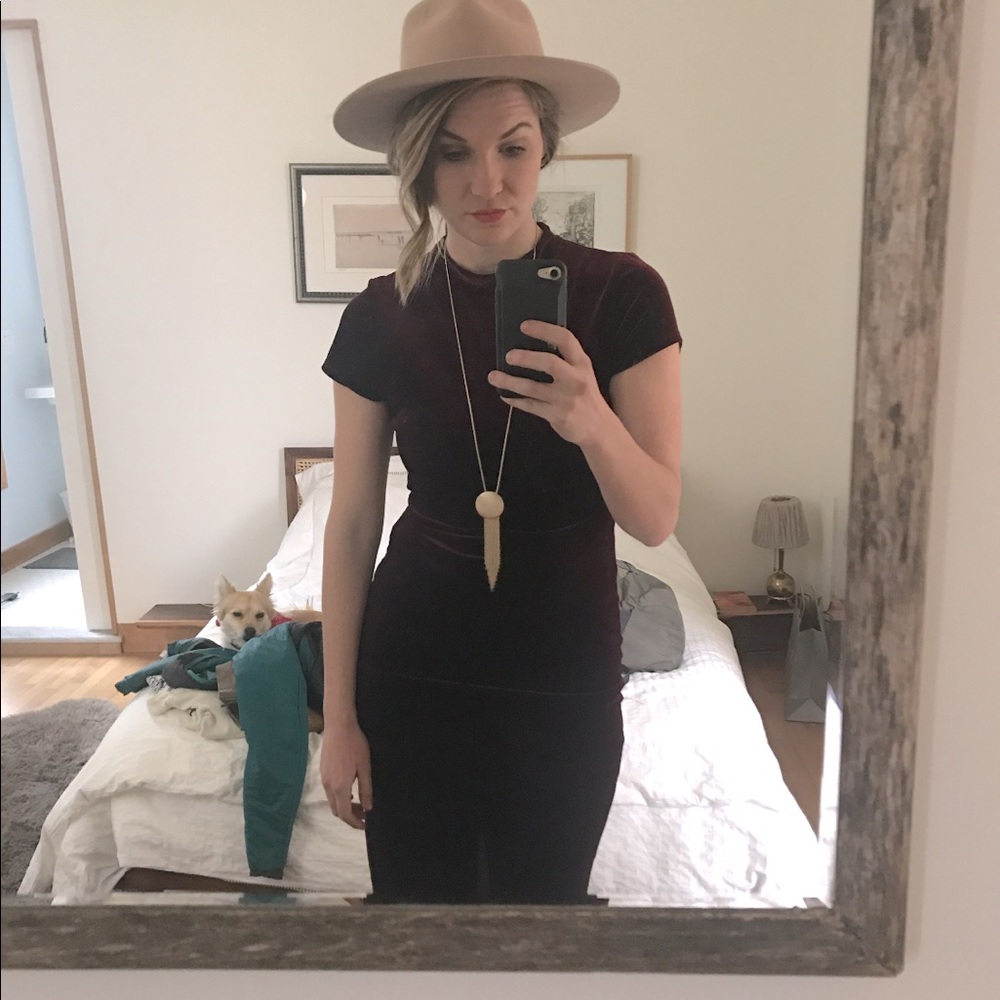 Burgundy crushed velvet midi dress